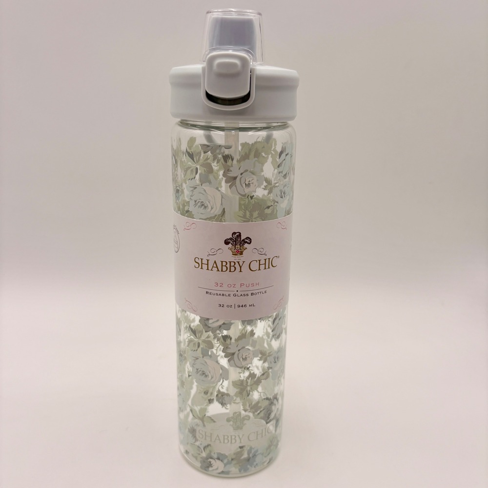Rachel Ashwell Shabby Chic 32 oz Glass Water Bottle Floral Rose Print Sage Green